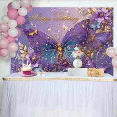 Lofaris Purple Butterfly Birthday Photography Backdrop Gold Stars and Floral Photo Background