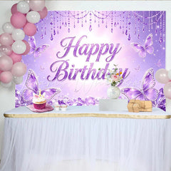 Lofaris Purple Butterfly Glitter Birthday Backdrop with Sparkling Jewels Elegant Photography Background for Girls Party Decor