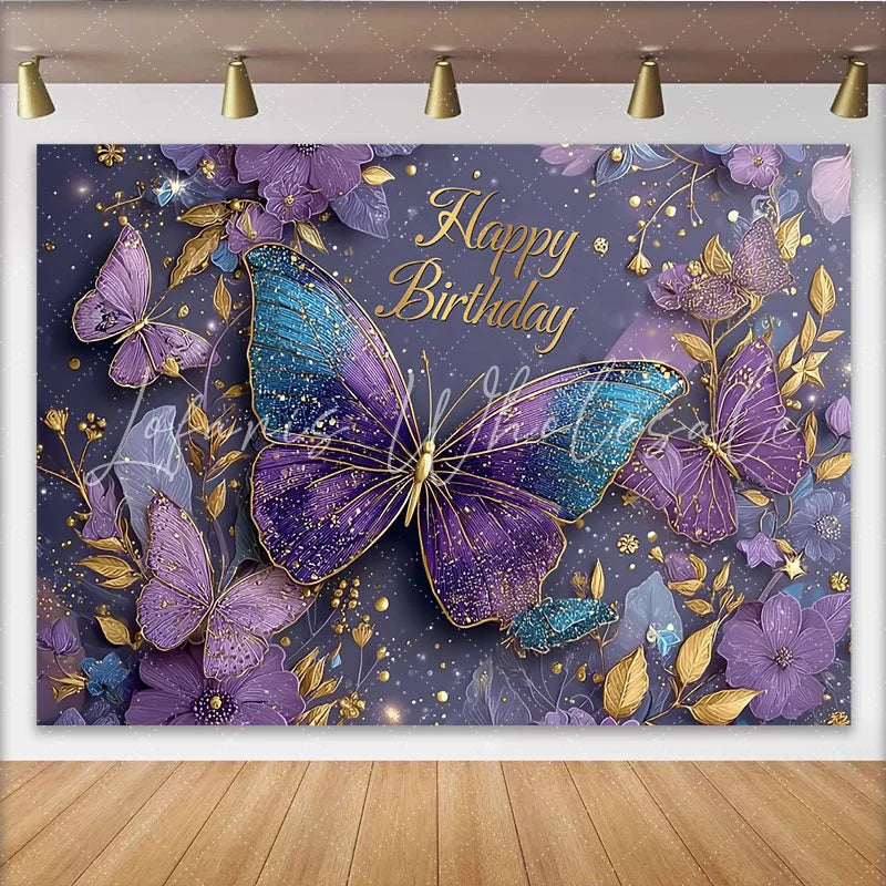 Lofaris Purple Butterfly Gold Sparkle Birthday Backdrop Floral and Butterfly Photography Background