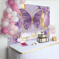 Lofaris Purple Floral Butterfly Birthday Backdrop Gold Balloon Party Background Girl Cake Smash Photography Prop