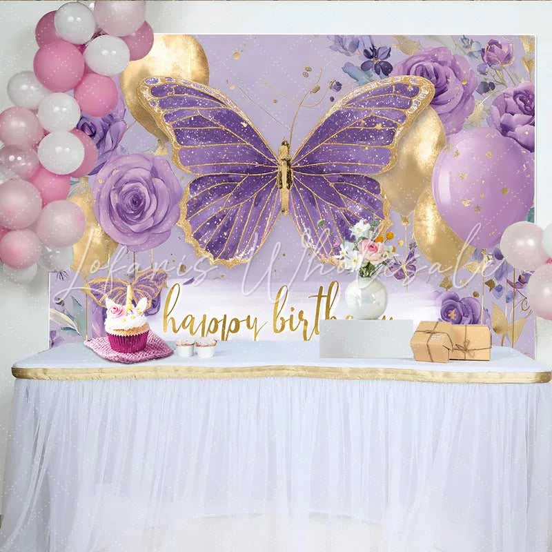 Lofaris Purple Floral Butterfly Birthday Backdrop Gold Balloon Party Background Girl Cake Smash Photography Prop