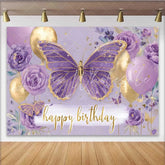 Lofaris Purple Floral Butterfly Birthday Backdrop Gold Balloon Party Background Girl Cake Smash Photography Prop