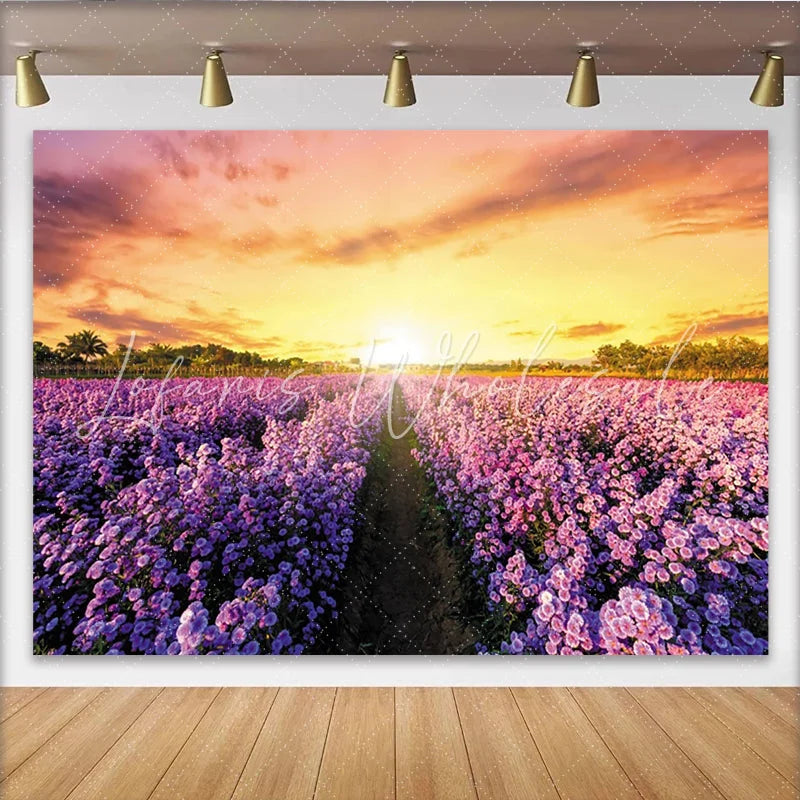 Lofaris Purple Flower Field Photography Backdrop with Sunset Glow Beautiful Nature Scenery Background for Studio Portrait