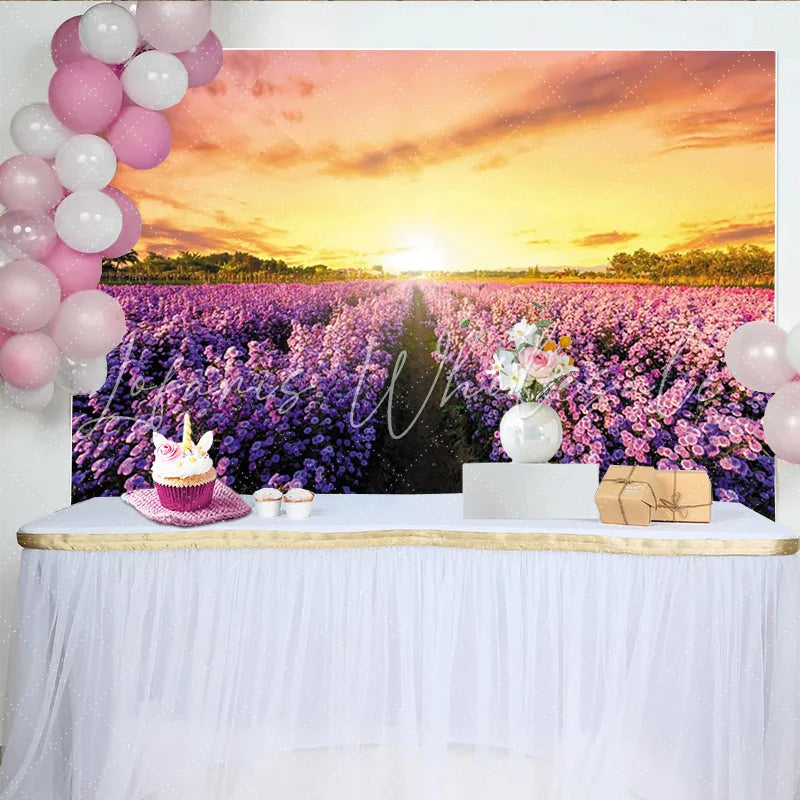 Lofaris Purple Flower Field Photography Backdrop with Sunset Glow Beautiful Nature Scenery Background for Studio Portrait