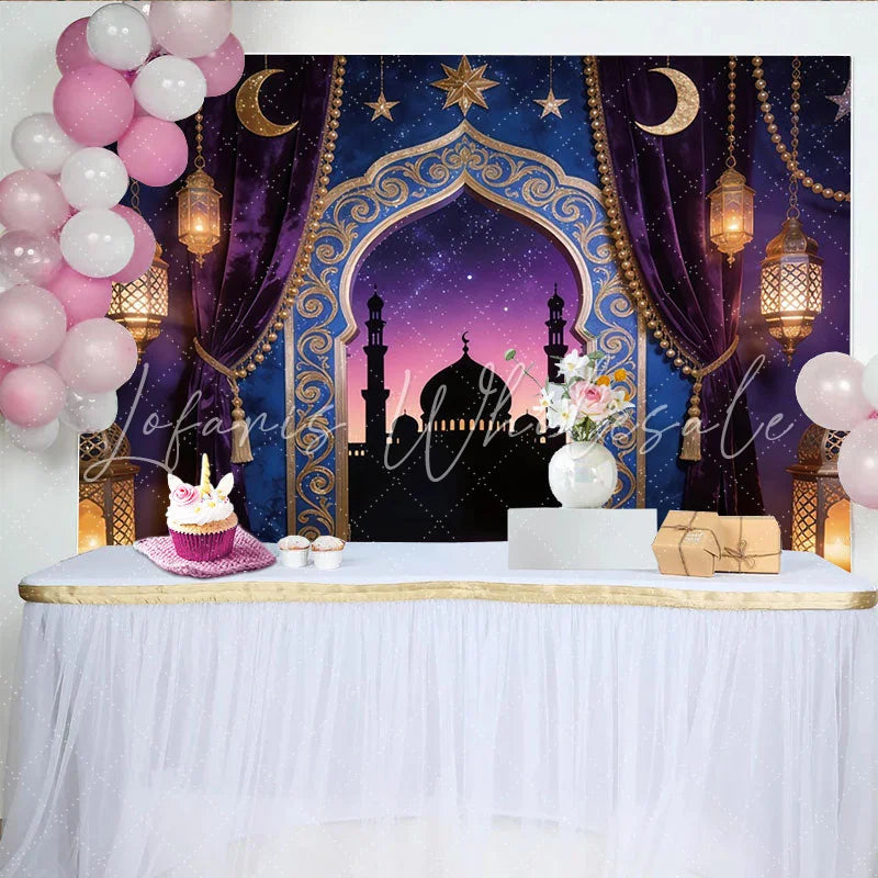 Lofaris Purple Gold Moorish Archway Photography Backdrop with Lanterns Starry Night Mosque Background for Studio Portrait