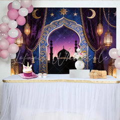 Lofaris Purple Gold Moorish Archway Photography Backdrop with Lanterns Starry Night Mosque Background for Studio Portrait