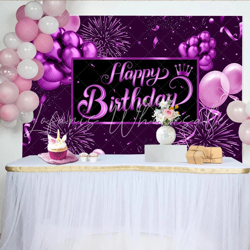 Lofaris Purple Happy Birthday Backdrop with Balloons and Crown Elegant Party Background for Women Girls Celebration Photography