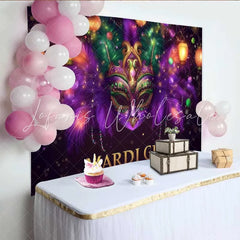 Lofaris Purple Masquerade Night Backdrop Mardi Gras Mask and Green Feathers Party Banner