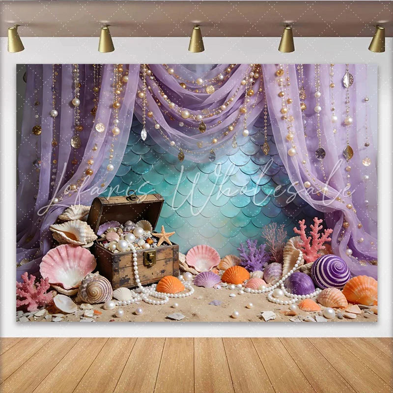 Lofaris Purple Mermaid Treasure Photography Backdrop with Pearls and Seashells Underwater Fantasy Studio Background for Kids Photoshoot