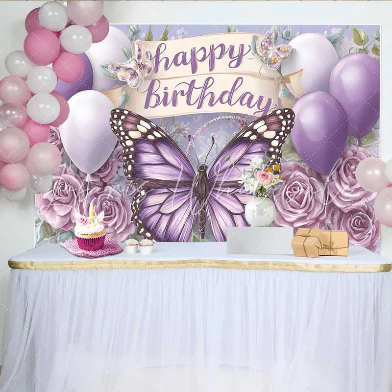 Lofaris Purple Monarch Butterfly Birthday Backdrop Balloon Floral Scroll Banner Background Girl Cake Table Prop