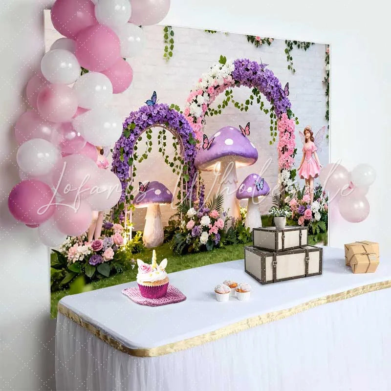 Lofaris Purple Mushroom and Fairy Floral Arch Spring Backdrop Enchanted Forest Girls Birthday Party Background