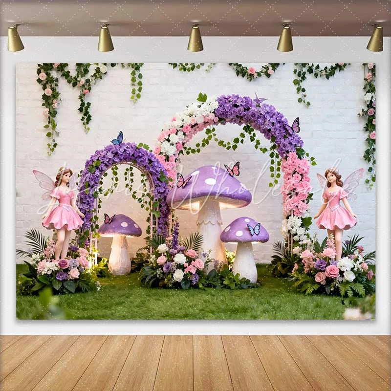 Lofaris Purple Mushroom and Fairy Floral Arch Spring Backdrop Enchanted Forest Girls Birthday Party Background
