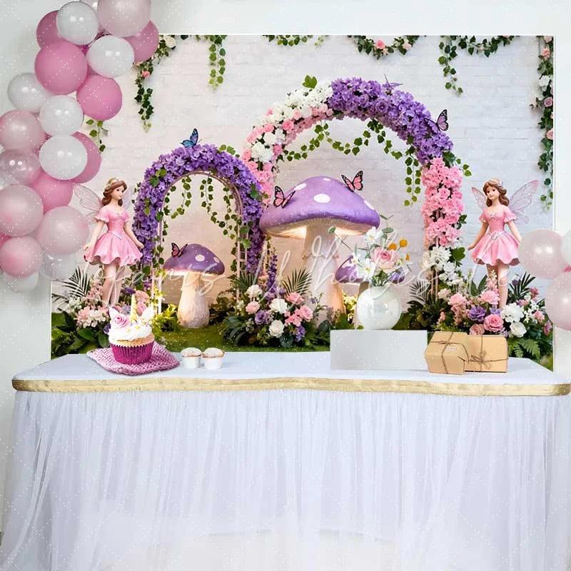 Lofaris Purple Mushroom and Fairy Floral Arch Spring Backdrop Enchanted Forest Girls Birthday Party Background
