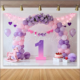 Lofaris Purple Pink Balloon First Birthday Cake Smash Backdrop Floral 1 ONE Banner Girl Party Background Prop