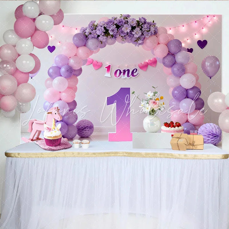 Lofaris Purple Pink Balloon First Birthday Cake Smash Backdrop Floral 1 ONE Banner Girl Party Background Prop