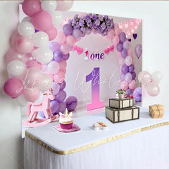 Lofaris Purple Pink Balloon First Birthday Cake Smash Backdrop Floral 1 ONE Banner Girl Party Background Prop
