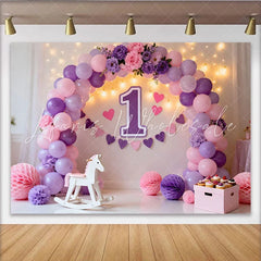 Lofaris Purple Pink Balloon First Birthday Cake Smash Backdrop Floral 1 Sign Heart Banner Girl Party Background
