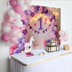 Lofaris Purple Pink Balloon First Birthday Cake Smash Backdrop Floral 1 Sign Heart Banner Girl Party Background