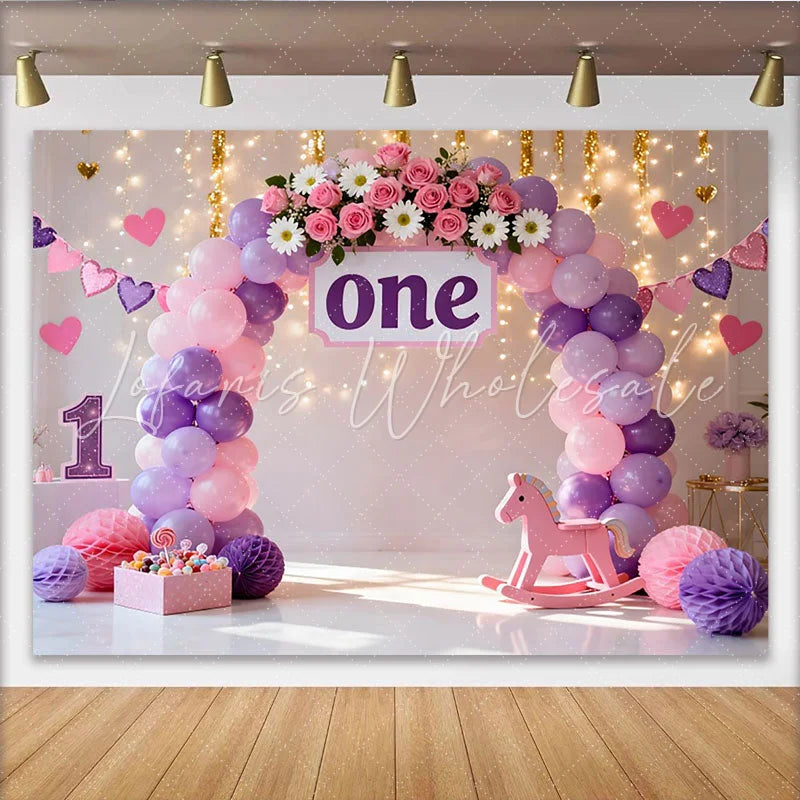 Lofaris Purple Pink Balloon First Birthday Cake Smash Backdrop Floral ONE Sign Rocking Horse Girl Party Background