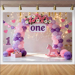Lofaris Purple Pink Balloon First Birthday Cake Smash Backdrop Floral ONE Sign Rocking Horse Girl Party Background