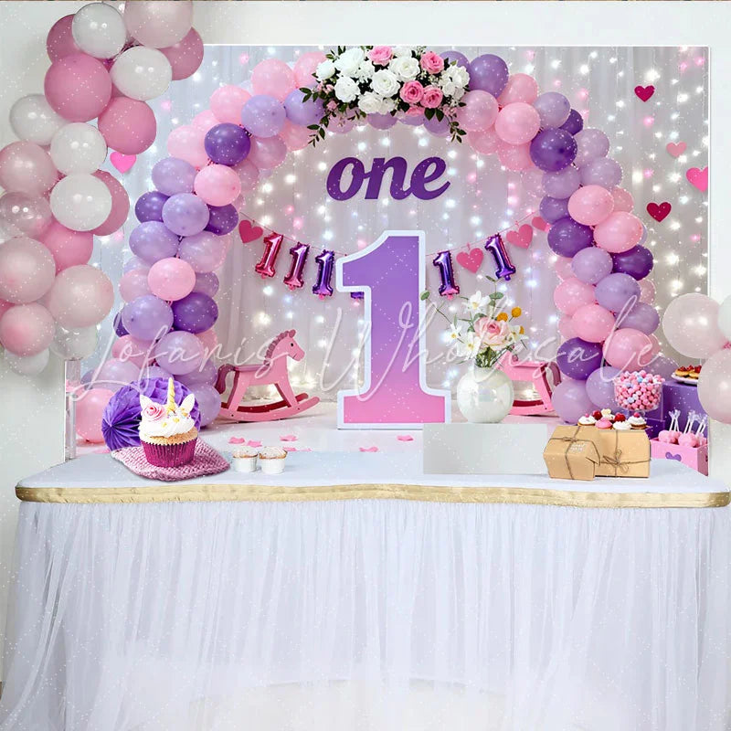 Lofaris Purple Pink Balloon First Birthday Cake Smash Backdrop Large 1 Sign Fairy Light Girl Party Background