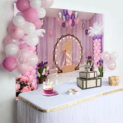 Lofaris Purple Pink Floral First Birthday Backdrop Lighted Hoop Number One Photography Background for Cake Smash
