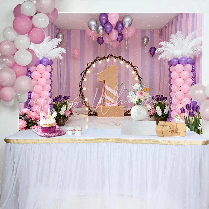 Lofaris Purple Pink Floral First Birthday Backdrop Lighted Hoop Number One Photography Background for Cake Smash
