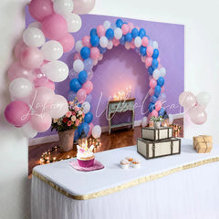 Lofaris Purple Wall Birthday Cake Smash Backdrop with Pink and Blue Balloon Arch Romantic Candlelight Background