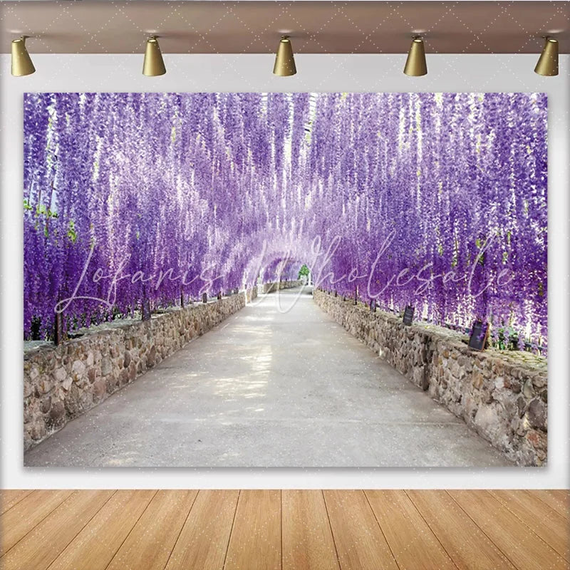Lofaris Purple Wisteria Floral Photography Backdrop with Stone Wall Tunnel Dreamy Nature Background for Studio Photoshoot