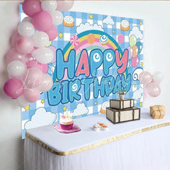 Lofaris Rainbow and Balloons Happy Birthday Party Backdrop Blue Gingham Clouds Decor