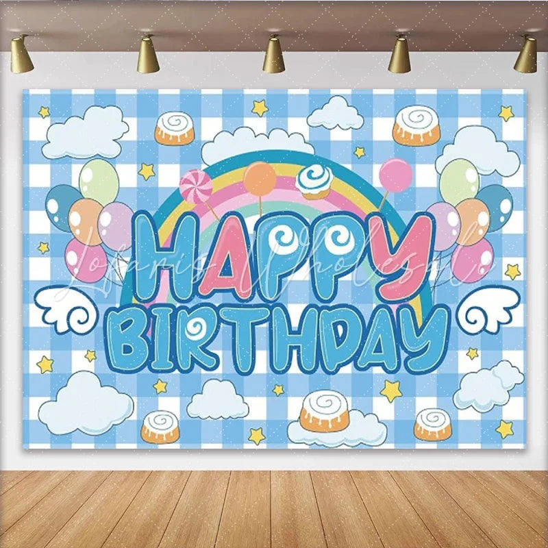 Lofaris Rainbow and Balloons Happy Birthday Party Backdrop Blue Gingham Clouds Decor