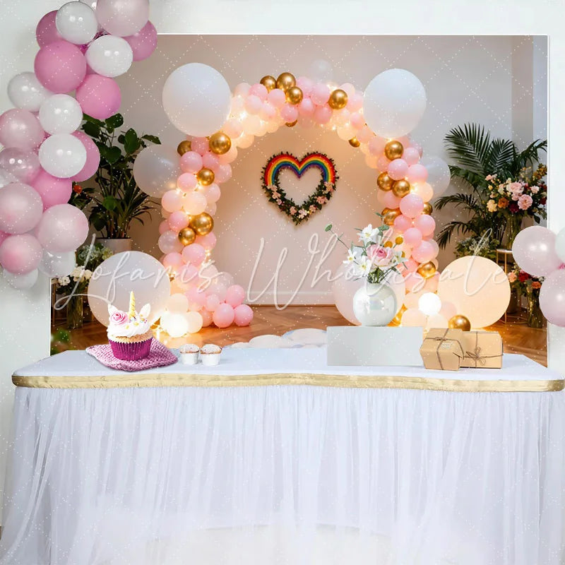 Lofaris Rainbow Heart Birthday Cake Smash Backdrop Pink and Gold Balloon Arch with Cloud and Rainbow Decoration