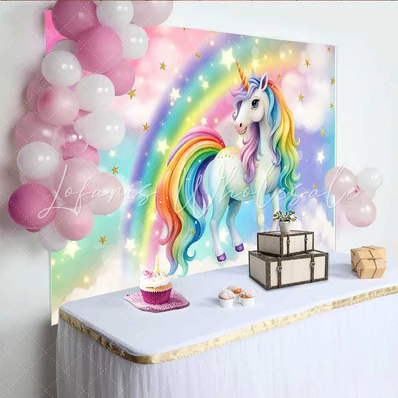 Lofaris Rainbow Mane Unicorn Backdrop Magical Starry Sky and Pastel Cloud Party Banner