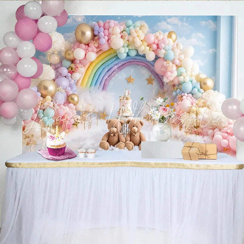 Lofaris Rainbow Teddy Bear Baby Shower Backdrop with Pastel Balloons and Clouds Dreamy Photography Background for Newborn or Kids Party