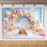 Lofaris Rainbow Teddy Bear Baby Shower Backdrop with Pastel Balloons and Clouds Dreamy Photography Background for Newborn or Kids Party