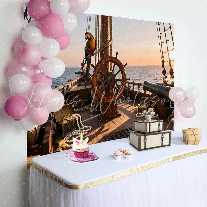 Lofaris Realistischer Piratenschiff-Partyhintergrund mit Steuerrad und Schatz für Abenteuer-Geburtstage und Events
