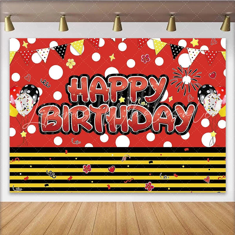 Lofaris Red and Black Polka Dot Birthday Backdrop for Kids Party Happy Birthday Cartoon Photography Background with Balloons and Flags