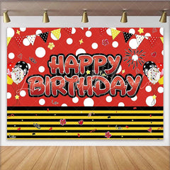 Lofaris Red and Black Polka Dot Birthday Backdrop for Kids Party Happy Birthday Cartoon Photography Background with Balloons and Flags