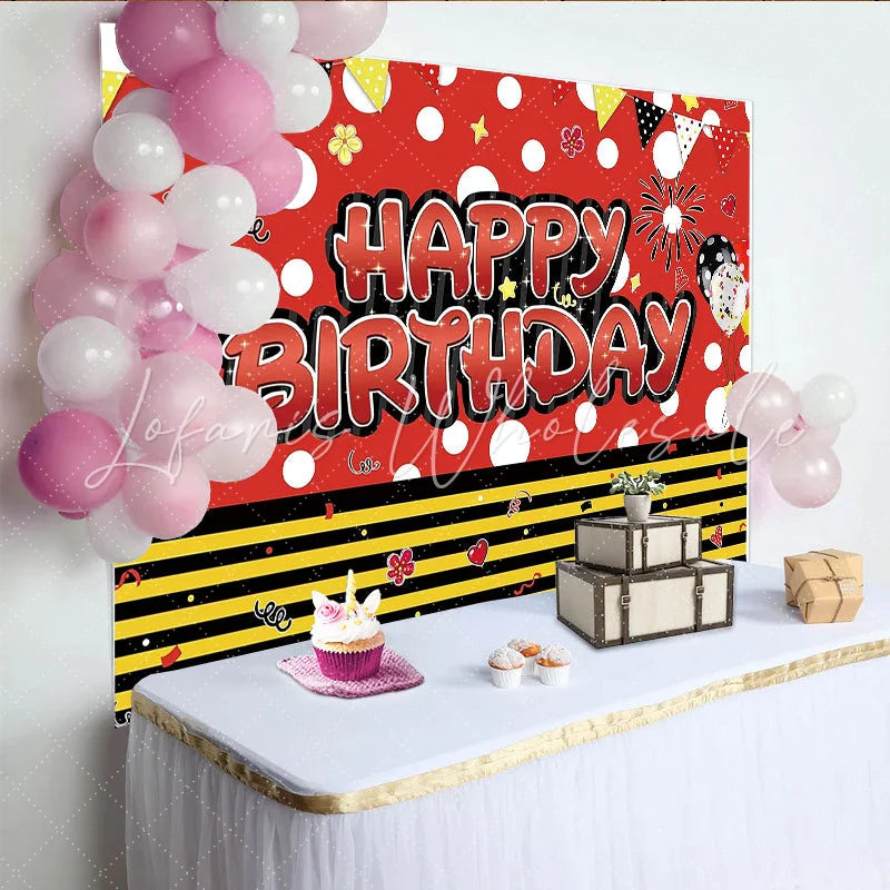 Lofaris Red and Black Polka Dot Birthday Backdrop for Kids Party Happy Birthday Cartoon Photography Background with Balloons and Flags