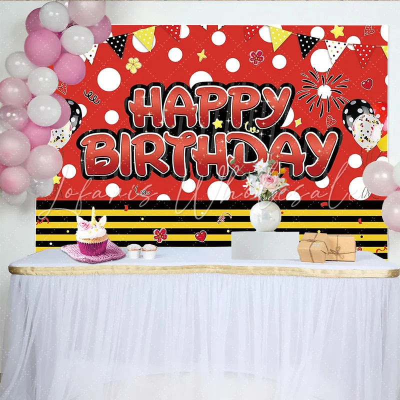 Lofaris Red and Black Polka Dot Birthday Backdrop for Kids Party Happy Birthday Cartoon Photography Background with Balloons and Flags