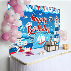 Lofaris Red and Blue Nautical Birthday Backdrop for Kids Party Ocean Theme Lighthouse and Ship Photography Background