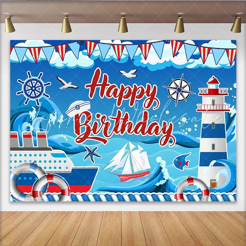 Lofaris Red and Blue Nautical Birthday Backdrop for Kids Party Ocean Theme Lighthouse and Ship Photography Background
