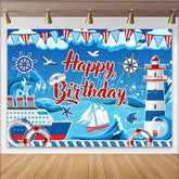 Lofaris Red and Blue Nautical Birthday Backdrop for Kids Party Ocean Theme Lighthouse and Ship Photography Background