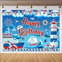 Lofaris Red and Blue Nautical Birthday Backdrop for Kids Party Ocean Theme Lighthouse and Ship Photography Background