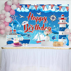 Lofaris Red and Blue Nautical Birthday Backdrop for Kids Party Ocean Theme Lighthouse and Ship Photography Background