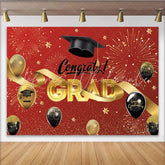 Lofaris Red and Gold Graduation Backdrop with Congrats Grad and Cap Sparkling Party Background for Celebration Decor
