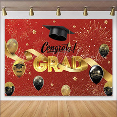 Lofaris Red and Gold Graduation Backdrop with Congrats Grad and Cap Sparkling Party Background for Celebration Decor