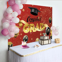 Lofaris Red and Gold Graduation Backdrop with Congrats Grad and Cap Sparkling Party Background for Celebration Decor
