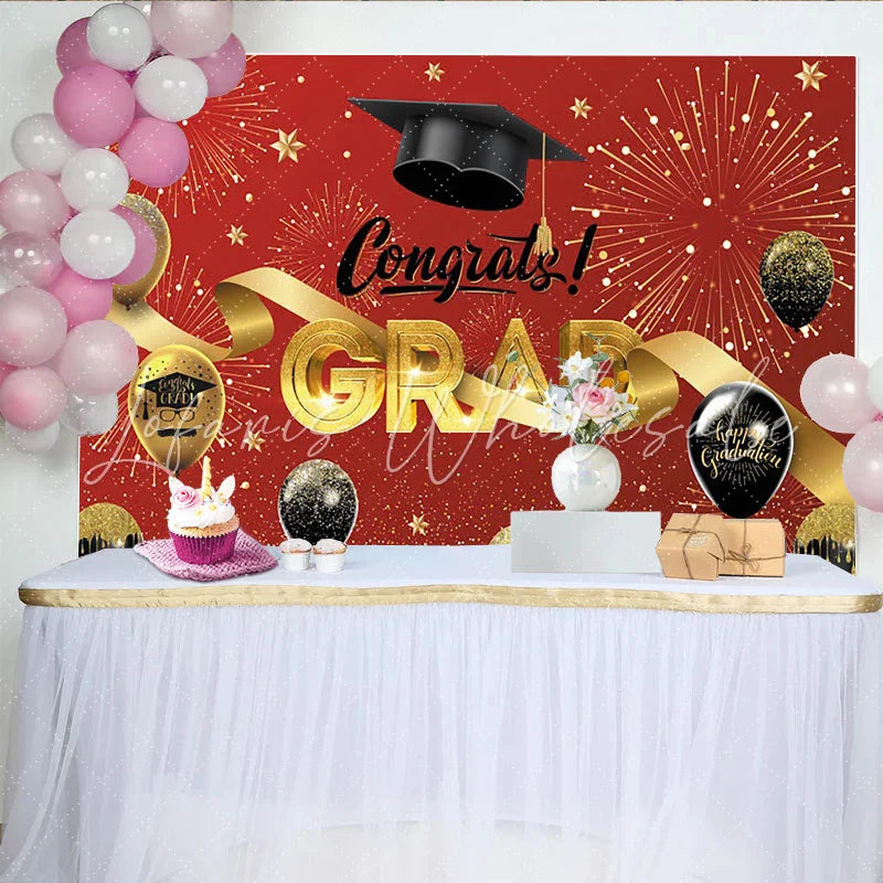 Lofaris Red and Gold Graduation Backdrop with Congrats Grad and Cap Sparkling Party Background for Celebration Decor