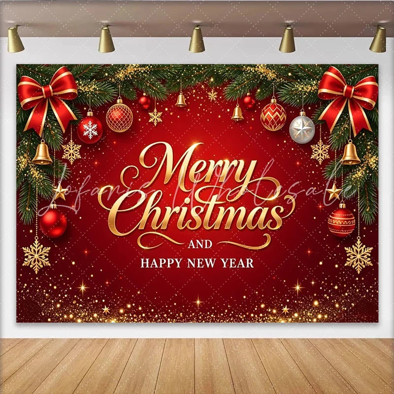Lofaris Red and Gold Merry Christmas and Happy New Year Backdrop Festive Pine Branches and Glitter Background for Holiday Parties